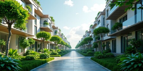 Serene residential street with modern homes and lush greenery