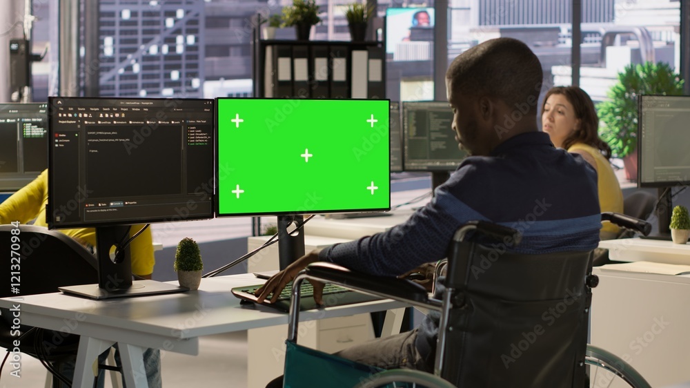 Poster person with disability testing and deploying programs and systems on green screen pc. software techn