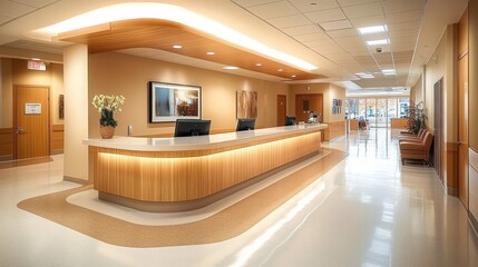 Serene Hospital Reception Area with Nurse Station and Front Desk in Minimalist Style