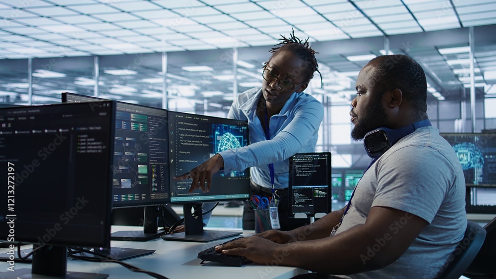 Poster system administrator working with colleague in data center providing computing resources for differe