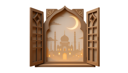 Ornate window reveals a serene mosque scene at night.