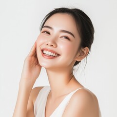 Young woman with satisfaction emotion skincare beauty concept