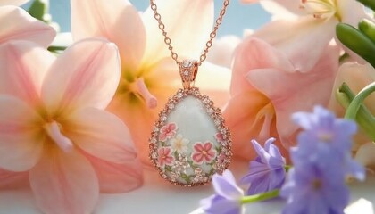 Floral-inspired gemstone egg pendant with intricate details surrounded by pink lilies and blue hyacinths
