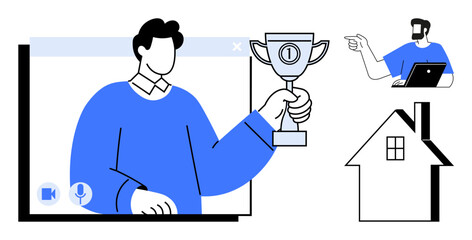 Person on a video call holds a trophy celebrating success, another individual works on a laptop, and an abstract house. Ideal for remote work, success, communication, teamwork, virtual events, home