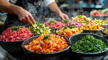 Chef prepares vibrant poke bowls at outdoor market