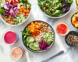 A vibrant lunch setting with vegan dishes, featuring colorful salads, grain bowls