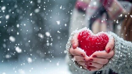 Fototapeta premium woman hands with red heart, falling snow background.