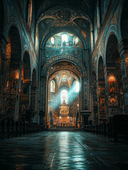 Fototapeta premium Sunlit Cathedral Interior: Ornate architecture, frescoes, and a golden altar.