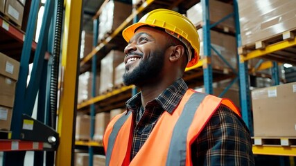 Lively Warehouse Worker Operating Forklift in Bright Environment