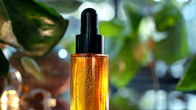 Captivating golden elixir shines amidst lush green leaves in serene indoor setting. Generative AI