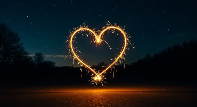 Romantic sparkler heart against a night sky full of stars.  Fire, light, love.