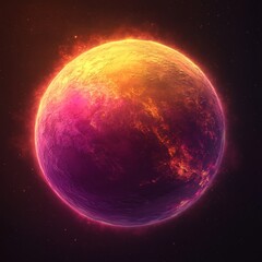 Fototapeta premium fictional vibrant planet burning with pink and orange flames in the dark universe