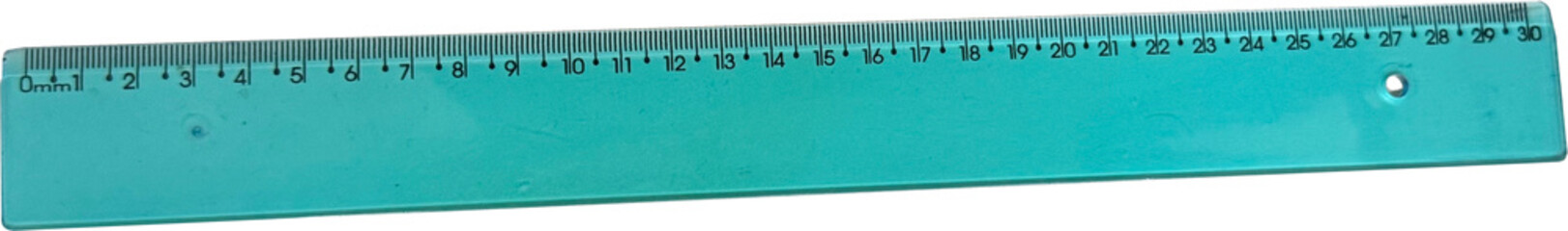 Régua de Plástico Azul com Medidas em Centímetros e Milímetros Isolada em Fundo Branco