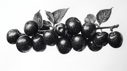 Fresh black cherries with vibrant green leaves, elegantly arranged on a white background, perfect for food, health, or lifestyle themes.