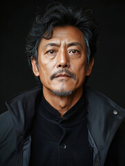 Obraz premium Mature man with dark hair and mustache, serious expression, wearing a dark jacket.