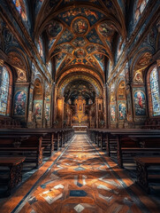 Fototapeta premium Ornate Church Interior: Intricate ceiling frescoes and rich wooden pews.