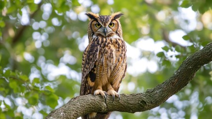 Fototapeta premium Majestic Eurasian Eagle Owl in verdant Forest