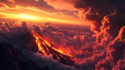 Fiery Volcanic Eruption at Sunset: A Breathtaking Aerial View
