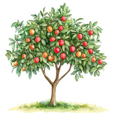 Pulasan Fruit Tree with Ripe Fruit &ndash; Hand-Painted Watercolor Depiction, Detailed Tropical Tree Illustration, Rich and Colorful Nature Artwork.  
