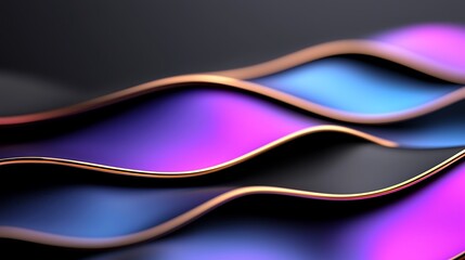 Fototapeta premium Abstract wavy lines in vibrant purple, blue, and gold hues on a dark background.