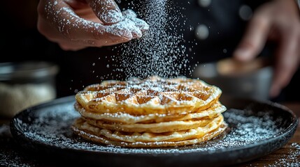 Chef dusting powdered sugar on waffles