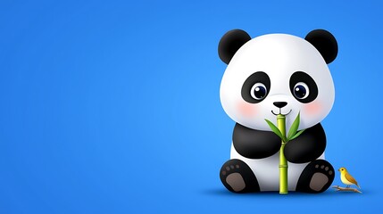 Adorable cartoon panda eating bamboo with a small bird beside it on a blue background.