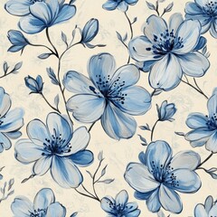 Delicate Floral Pattern with Blue Flowers on Creamy Background in Impressionist Style