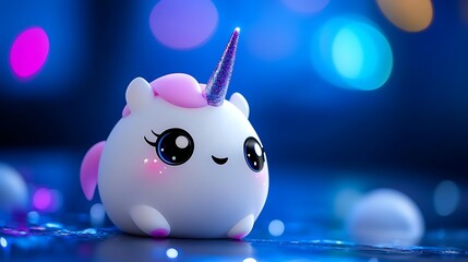 Adorable cartoon unicorn toy with sparkly horn, sitting on a reflective surface with bokeh lights.