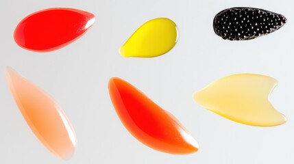 Abstract fish roe presentation in vibrant colors featuring red, black, yellow, orange, and peach tones in a modern minimalistic design