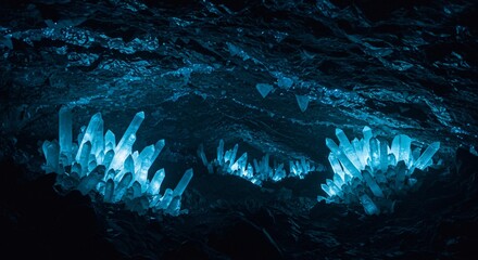 A deep cave with luminescent crystals casting a soft, otherworldly glow