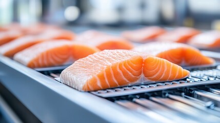 Fresh Salmon Filets on a Conveyor Belt in a Food