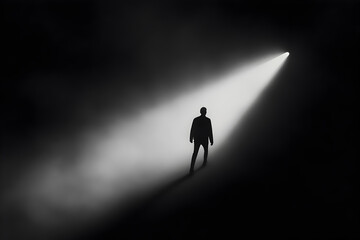 A person walking through a tunnel of light, leaving behind a fog of negative emotions and entering into clarity.


