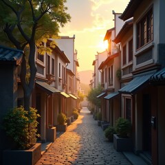 Fototapeta premium A serene village street, lined with traditional houses and trees