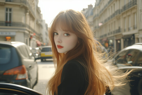 Jeune parisienne rousse dans la rue
