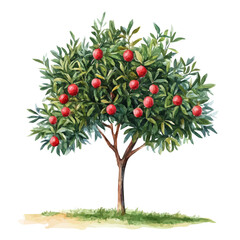 Quandong Tree with Fruit &ndash; Lush Watercolor Botanical Illustration, Exotic Fruit Tree Artwork, Nature-Inspired Painting, Vibrant Australian Native Plant Depiction.  
