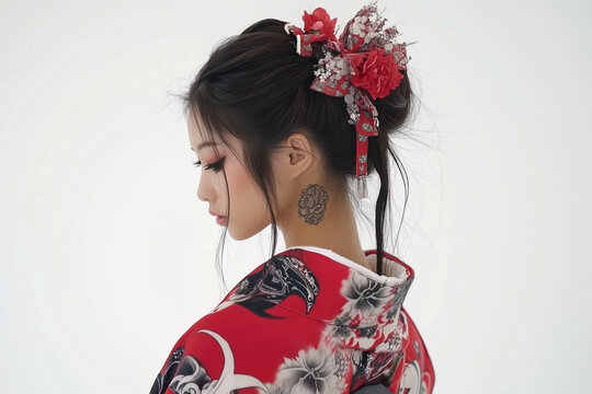 Jeune femme asiatique tatou&eacute;e sur le cou