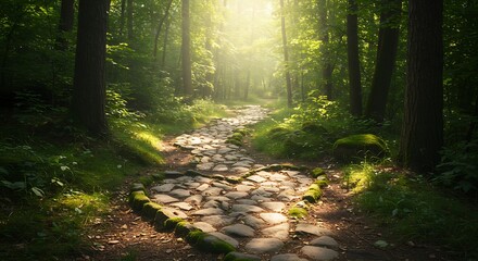 Obraz premium Sunlight filters a mossy stone path through a green forest. Ancient woods.