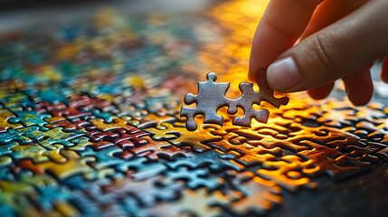 Hand placing final puzzle pieces, completing a colorful jigsaw puzzle. Problem solving, strategy and focus concept
