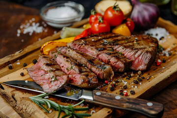 sliced grilled stake with vegetables on a wooden board. High quality photo
