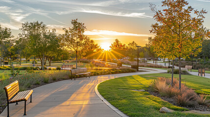 Scenic Urban Park at Golden Hour with Benches and Walking Paths