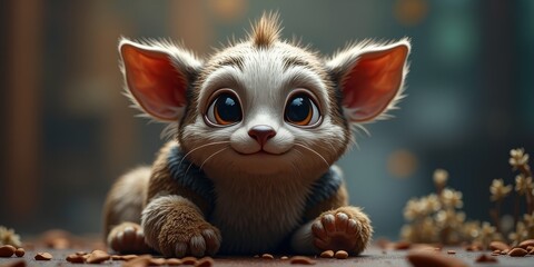 A small, furry creature with large eyes and ears, looking directly at the viewer