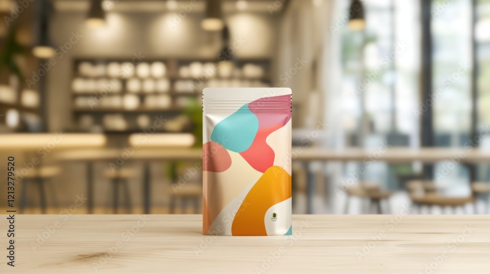 Fototapete a vibrant package with abstract patterns is centered on a wooden table, surrounded by a contemporary