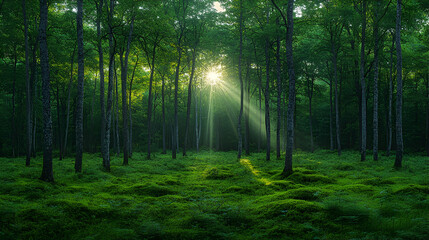 Obraz premium Sunbeams filtering through lush green forest, creating a serene and magical atmosphere