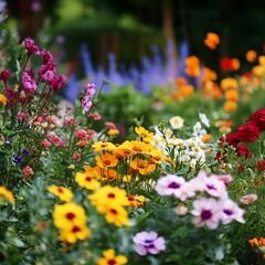 Obraz premium Vibrant garden flowers blooming, summer, colorful background, floral design