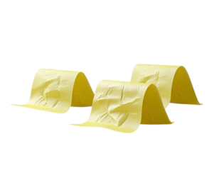 a image of three yellow sticky notes arranged on a plain background. The notes appear slightly crumpled and have a realistic texture