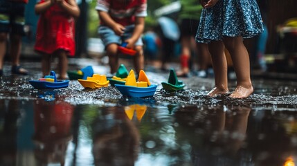 Fototapeta premium Children playing toy boats in rain puddle, park background
