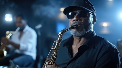 A talented saxophonist captivates the audience in a cozy jazz club, showcasing his skills while another musician plays in the background. The intimate atmosphere is enhanced by soft lighting