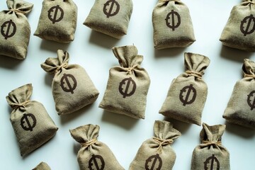 Aerial View of Multiple Neatly Stacked Money Bags Featuring the Rupee Symbol on a Clean White Background for Financial Concepts and Stock Imagery
