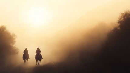 Two cowboys riding horses into a hazy sunset.