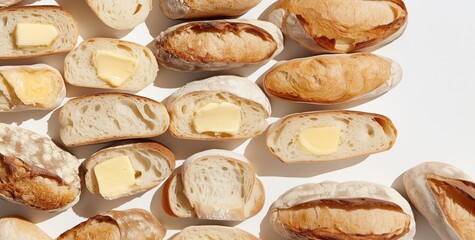 Artistic arrangement of freshly baked sourdough bread slices topped with melting butter under natural light